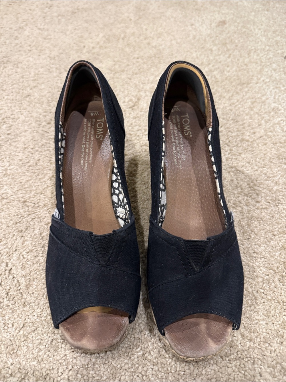 TOMS Black Canvas Peep-Toe Wedge with Printed Lining